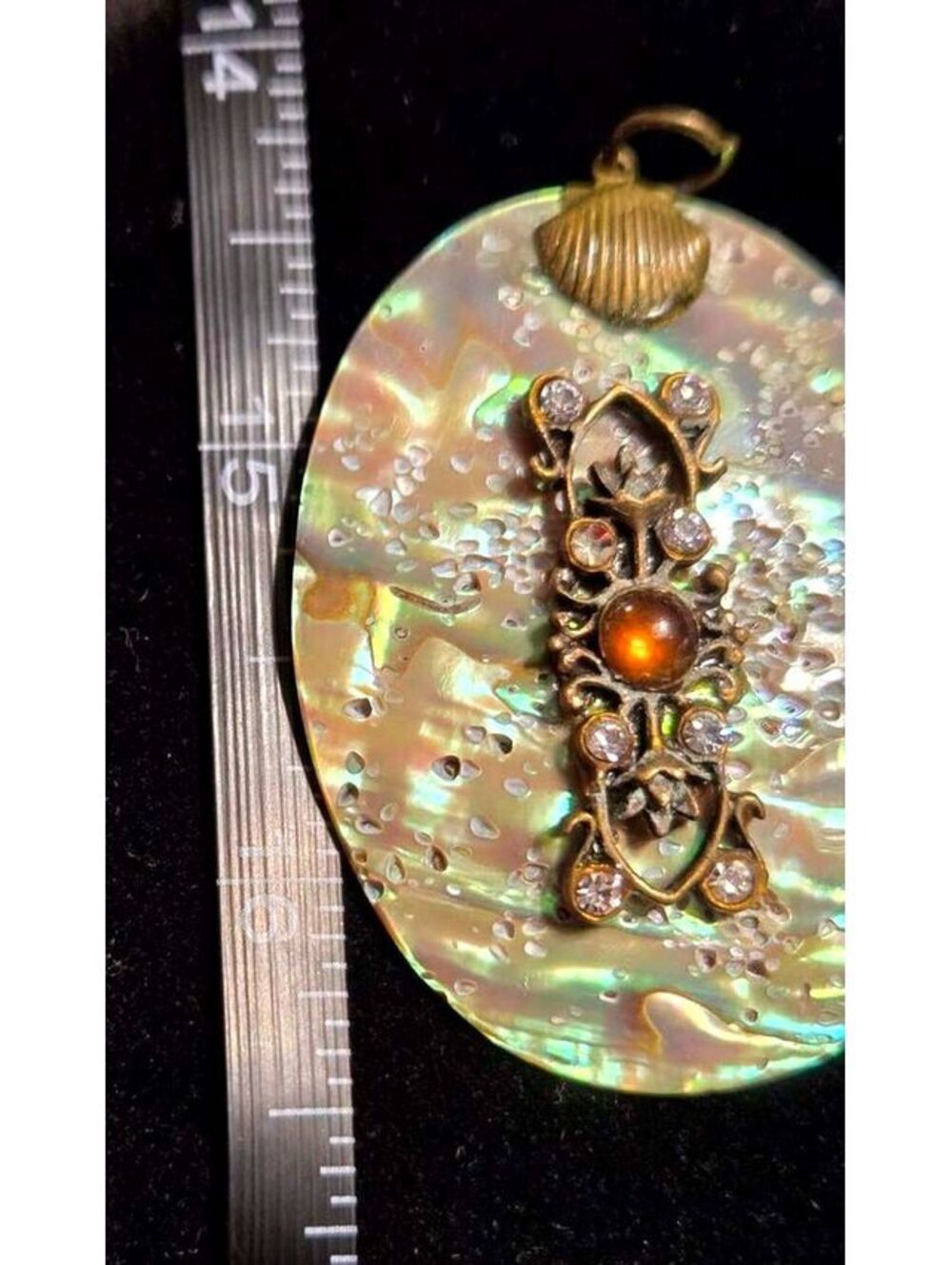 Vintage Abalone Shell and Rhinestone Filigree Pendant with Amber Stone
